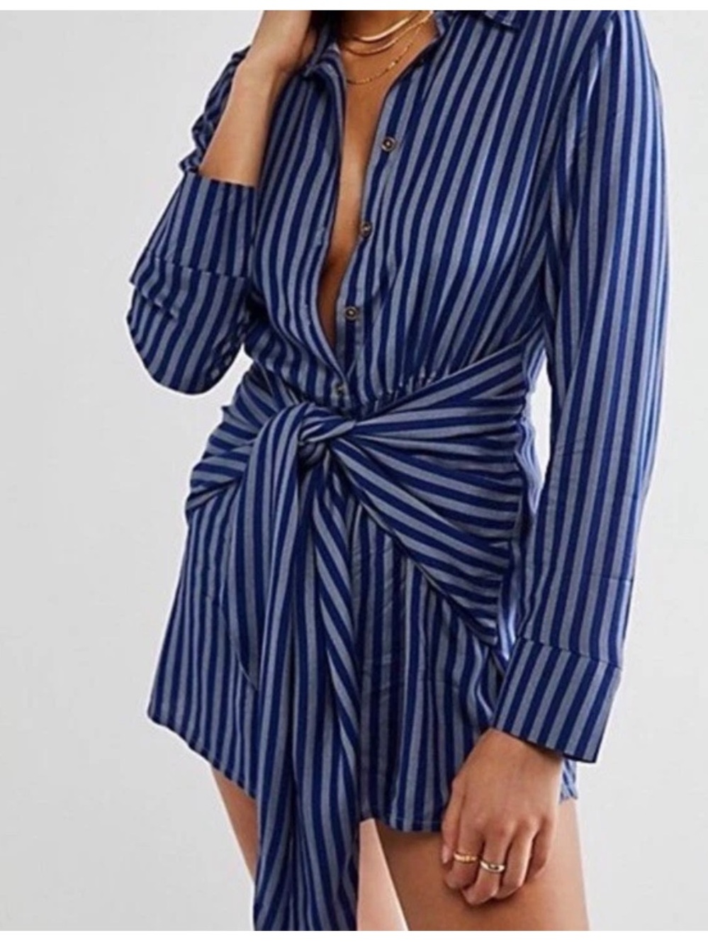 Free People Jen's Pirate Booty Women’s S Amata Shirt Mini Dress Tie Front Blue